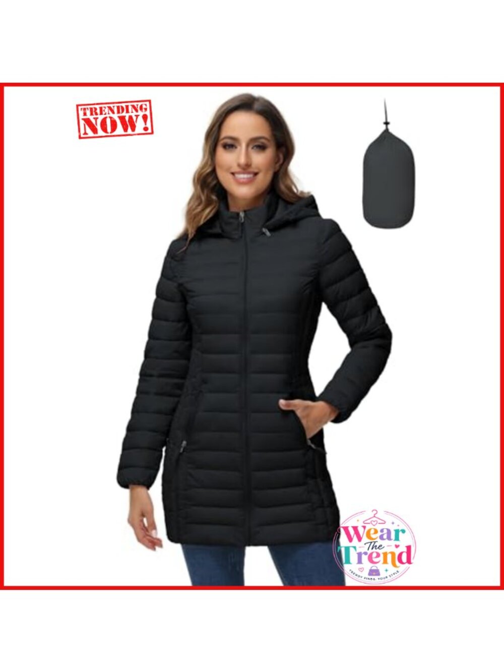 Packable Puffer Jacket Hooded Quilted Long Travel Coat Pockets